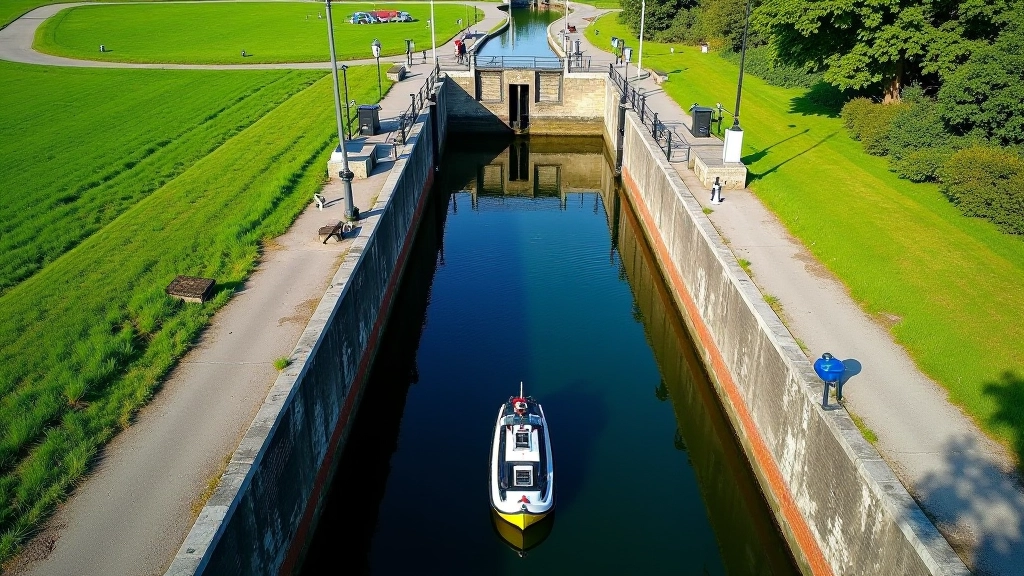 Aerial view of a canal lock chamber showing water level management system and surrounding towpath