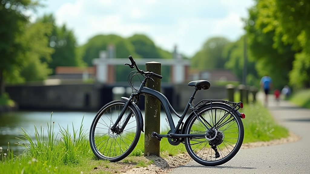 Bicycle parked near a canal lock gate, riverside parking area with boats and calm water