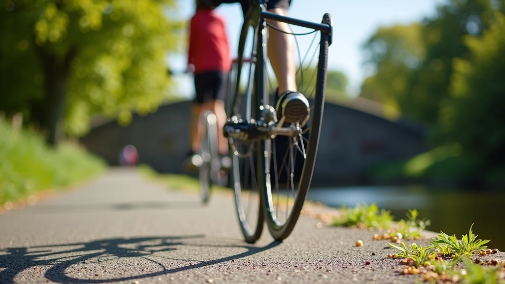 Cyclist preparing to navigate near a historic lock chamber on the towpath
