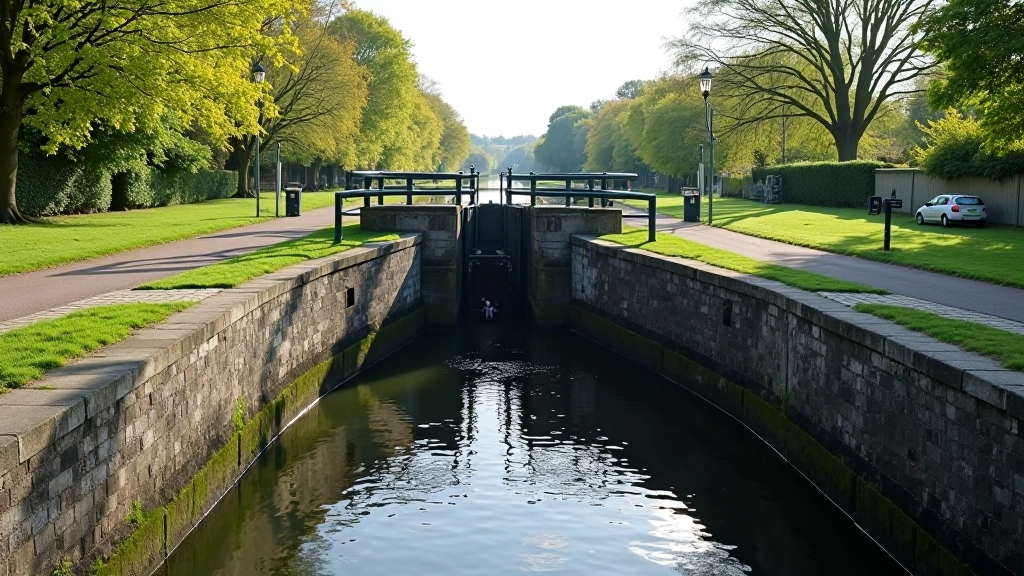 Traditional canal lock gate system showing water level difference and lock keeper infrastructure