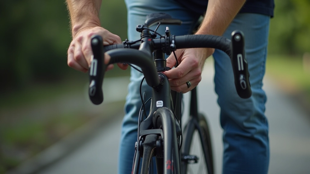 Cyclist checking bike maintenance on towpath, adjusting gears and brakes before river route ride, essential safety checks