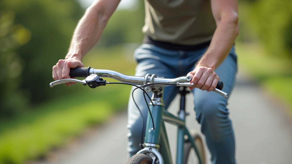 Cyclist testing bicycle brakes by squeezing brake levers, checking brake pad wear and alignment before towpath ride
