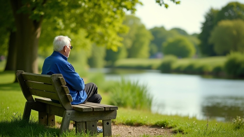 Wooden picnic bench overlooking the river beside the towpath with water and green landscape in background