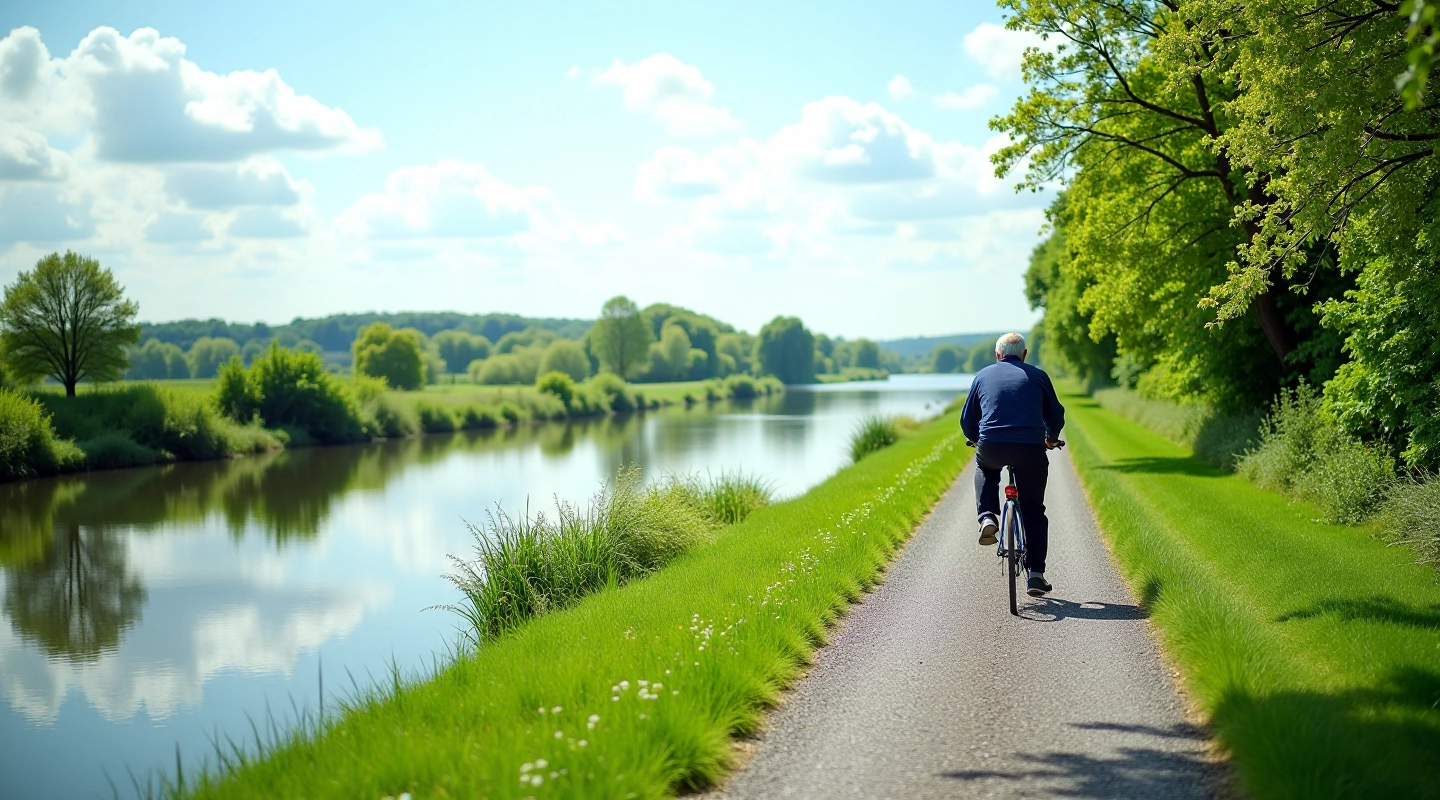 Scenic riverside cycling path with peaceful water and green vegetation along the Barrow Line towpath