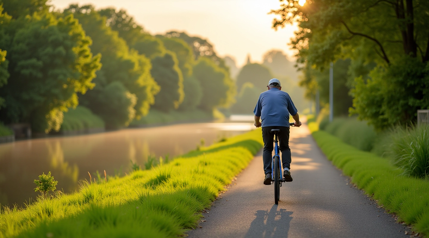 Peaceful riverside cycling path with green landscape and clear waterway