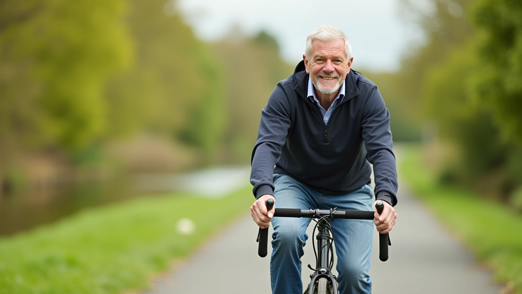 Senior cyclist riding on a smooth towpath surface, older adult enjoying recreational cycling on riverside trail