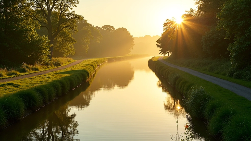 Peaceful riverside landscape with green banks and calm water reflections, morning light on the Barrow Line waterway