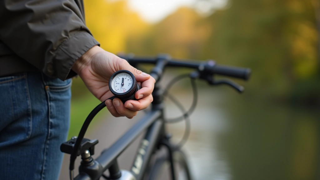 Close-up of bicycle tire pressure gauge and pump being used to check tire inflation before cycling