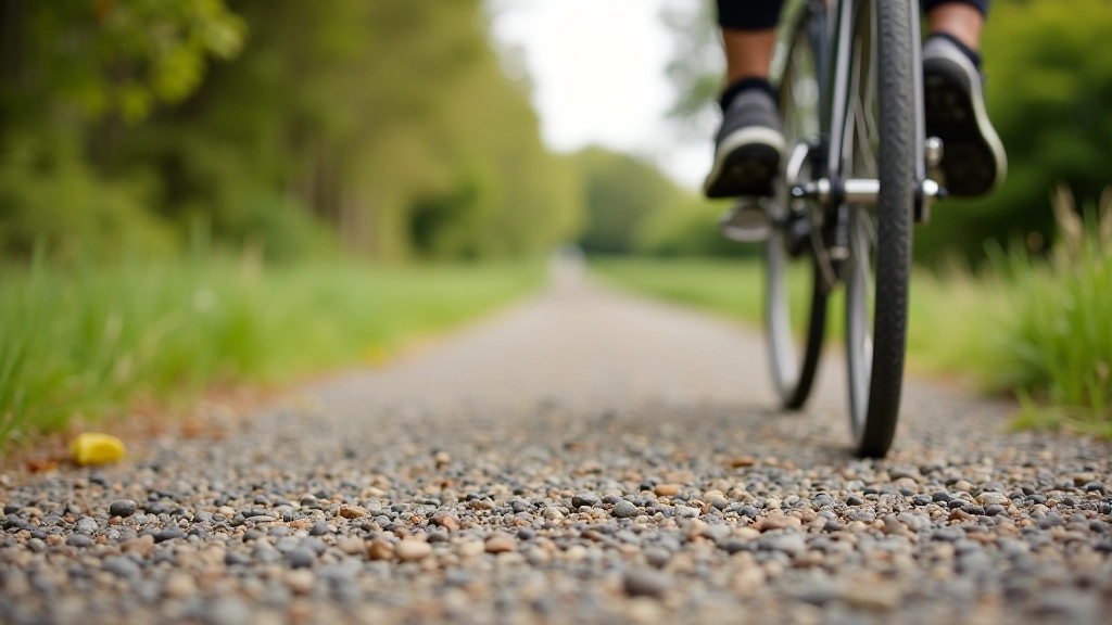 Close-up view of towpath cycling surface showing gravel and tarmac mix with bicycle tire in frame